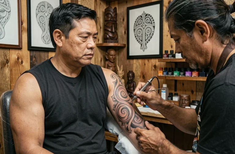 Tatoueur maori appliquant un motif traditionnel authentique sur le bras d'un homme polynésien dans un studio de tatouage culturellement immersif