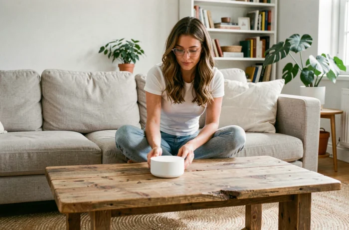 Femme interagissant avec un assistant domotique intelligent dans un salon au design scandinave