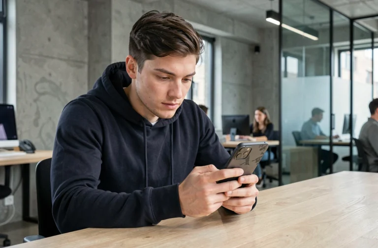 Jeune homme tenant un smartphone pliable dernier cri dans un espace de travail moderne et minimaliste