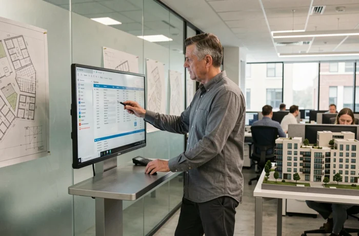Urbaniste consultant des données cadastrales sur écran tactile dans un bureau de planification urbaine