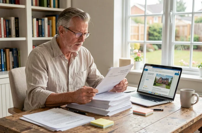 Propriétaire vendeur examinant les documents et diagnostics obligatoires pour la vente de son bien immobilier