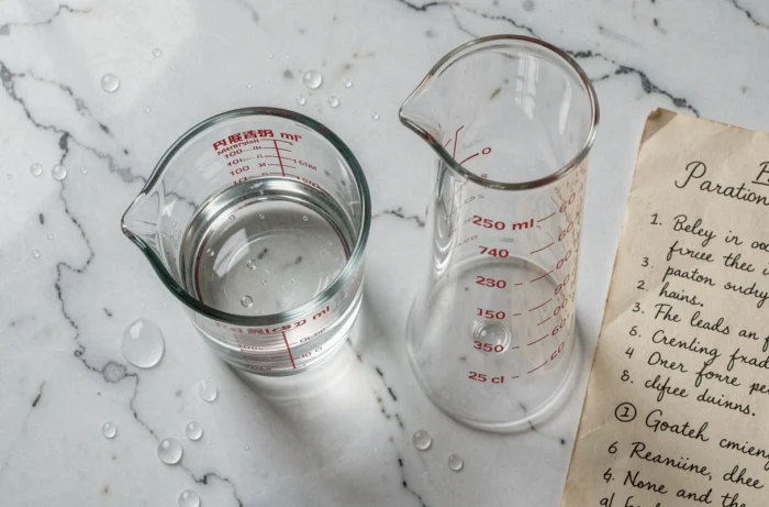 Vue de dessus de deux récipients gradués de cuisine posés sur un comptoir en marbre blanc montrant la conversion entre millilitres et centilitres